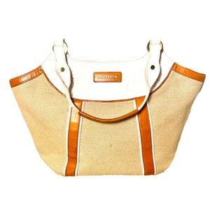 BRAHMIN Vintage Burlap and Melbourne Embossed Finished Leather hand bag.